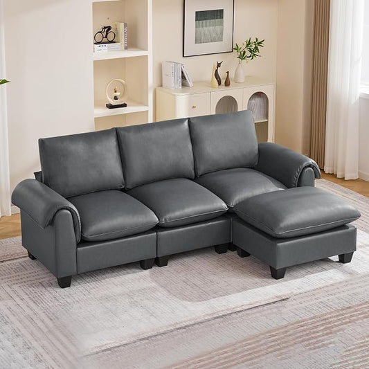 96" Faux Leather Modular Sectional Sofa with Movable Ottoman, Oversized 3 Seater Couch with Curved Armrests, Cloud Modern L-Shaped Sofa Deep Seat for Living Room, Grey