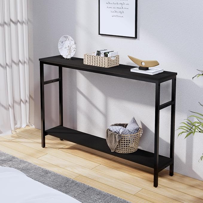 Timberer Narrow Console Table, 47 Inch Sofa Table with Adjustable Shelf, 2-Tier Long Skinny Table for Hallway, Entryway, Living Room, Foyer, Black