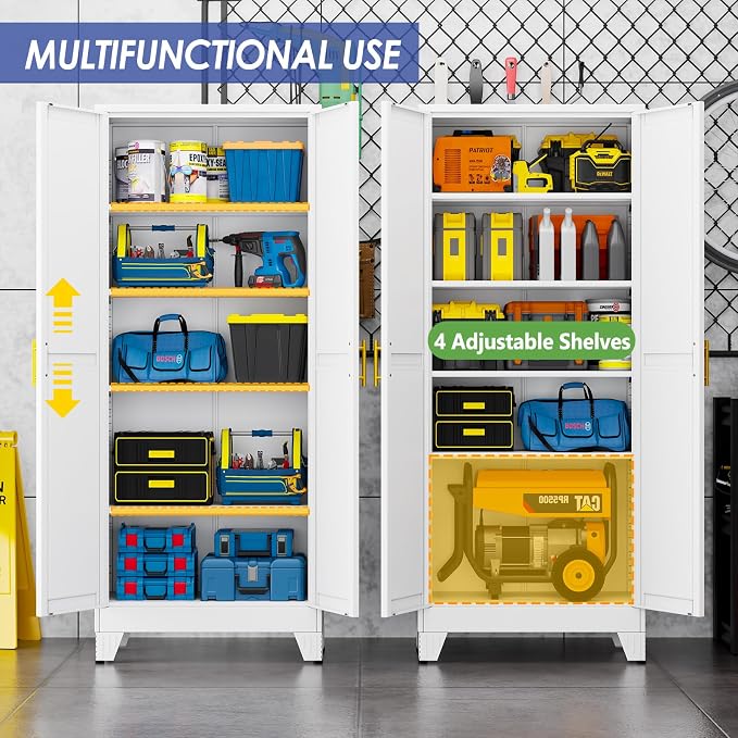 71" Metal Garage Storage Cabinet with 2 Doors, 4 Adjustable Shelves | Metal Storage Cabinets,Steel Tool Cabinets for Home,Office,Garage,Warehouse (White, 71''H x 29''W x 14''D)