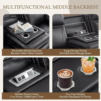 Power Reclining Sofa Set, Power Recliner Sofa and Loveseat Set with LED Light/Bluetooth Speakers, Electric Reclining Sofa Couch Living Room Set for Home, Office(Black, Sofa+Loveseat) | pu leather