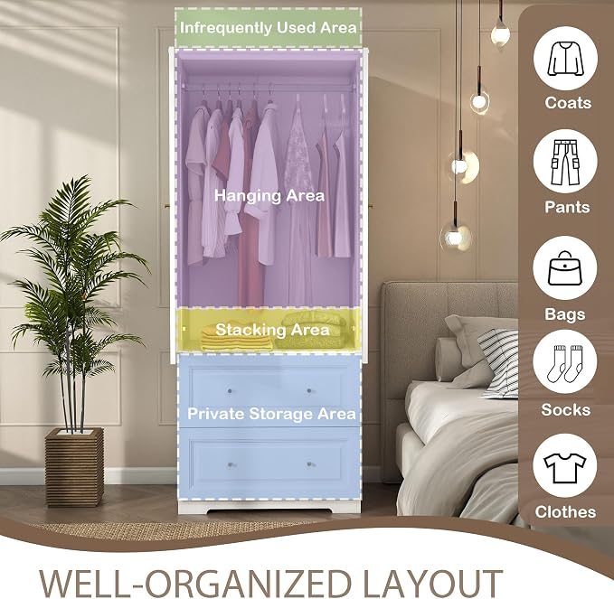 Armoire Wardrobe Closet with Drawers: 74" White Wardrobe Closet with 2 Doors, Tall Bedroom Armoires for Clothes, Wood Closets Cabinet for Hanging Clothes (31.5")