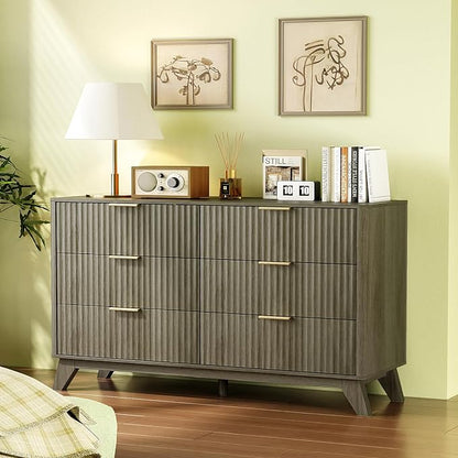 VINGLI Fluted Grey Dresser 6 Drawer Gray Dresser with Rounded Edges, Grey Dressers for Bedroom, 46.8" W*15.5" D*31" H