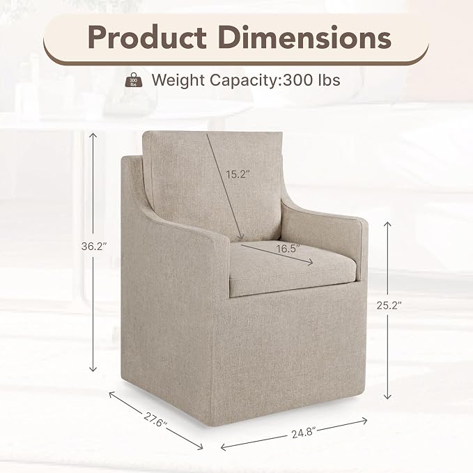 KISLOT Upholstered Dining Chairs Set of 1, Modern Dining Room Chairs with Casters & Washable Cover, Rolling Accent Chair with Hidden Storage for Kitchen, Farmhouse, Linen, 1 Box