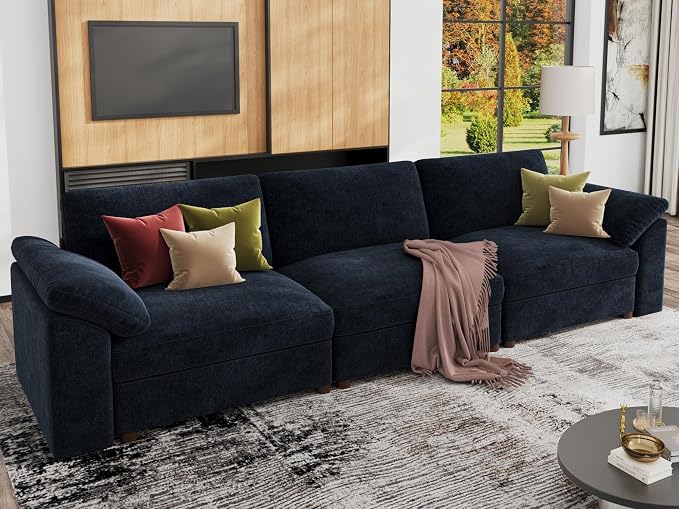 EASE MOOSE Modern 3 Seat Sectional Modular Sofa, Comfty Deep Seat Couch for Living Room,Solid Wood Frame Sofa,Blue