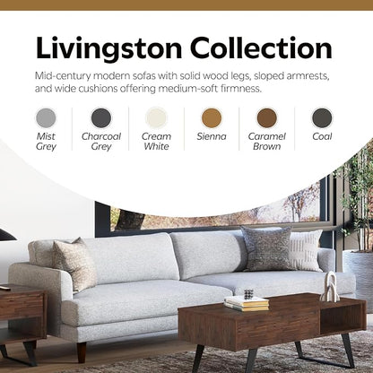 SIMPLIHOME Livingston 90-inch Wide Sofa in Mist Grey Woven-Blend Fabric, Handcrafted Mid-Century Modern Oversized 3-Seater Couch Sofa for Living Room or Family Room, Solid Wood Frame