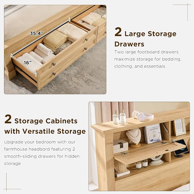 T4TREAM Farmhouse King Size Bed Frame with 54" Tall Storage Bookcase Headboard, 18" Roman Column Decoration Footboard,2 Drawer & 4 Storage Rack, Oak