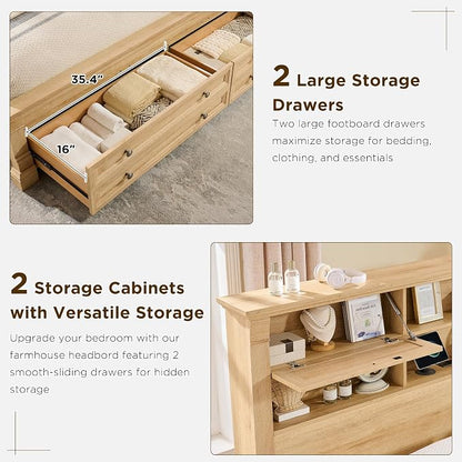 T4TREAM Farmhouse King Size Bed Frame with 54" Tall Storage Bookcase Headboard, 18" Roman Column Decoration Footboard,2 Drawer & 4 Storage Rack, Oak