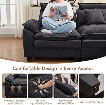 103'' Cloud Modern 3 Seater Couch with Detachable Headrest, Modular Sectional Sofa with Ottoman, Oversized L Shape Chenille Comfy Sofa with Armrests for Living Room, Dark Grey