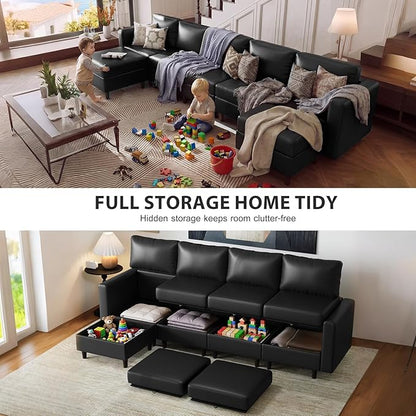ABCASA 118.5" Faux Leather Oversized Sleeper Sofa Bed with Storage Seat, 8 Seat Modular Sectional Couch Deep Seat with Reversible Chaises & Movable Ottoman - Black