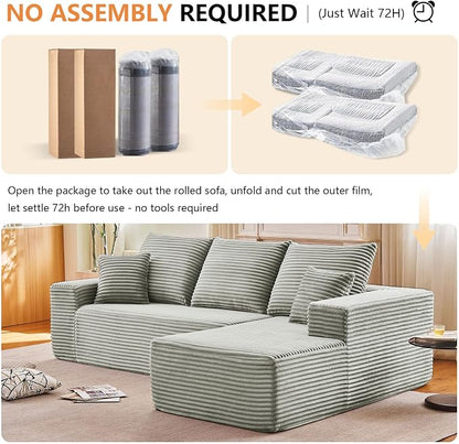 96" Modular Sectional Sofa, Modern Corduroy Cloud Couch with Deep Seat, Boneless Couch Upholstered 3-Seater L-Shaped Sofa for Living Room, No Assembly Required (Light Gray, Right-Facing Chaise)