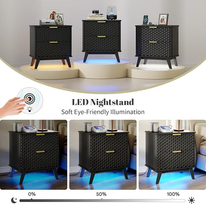 LVSOMT Smart Nightstand with Charging Station and LED Lights, 23.62" Wide Night Stand with 2 Drawers, Motion Sensor Motion-Activated Underlight, Honeycomb Bedside Table for Bedroom, Black
