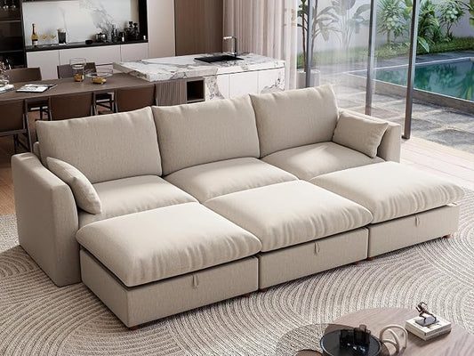 Ihanherry 117" Oversized Modular Sectional Sofa, Modern Cloud Couch with 3 Storage Ottoman, 6-Seat Comfy Chenille Deep Seat Sofa with 2 Pillows for Living Room, Khaki