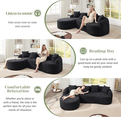 99" Curved Sofa with L-Shape Chaise,Modern Cloud Curved Couch with Deep Seat,No Assembly Required,Upholstered Oversized Couches for Living Room,Apartment (Black, 99Inch)