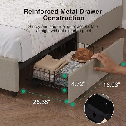 Novilla Queen Bed Frame with Drawers, Queen Bed Frame with Headboard, LED Bed Frame Queen Size, Charging Station and Adjustable Headboard Bed Frame Queen Size, No Box Spring Needed, Beige