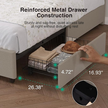 Novilla King Bed Frame, King Bed Frame and Headboard, King Size Bed Frame with Drawers, King Bed Frame with LED Lights, Charging Station and Adjustable Headboard, No Box Spring Needed, Beige