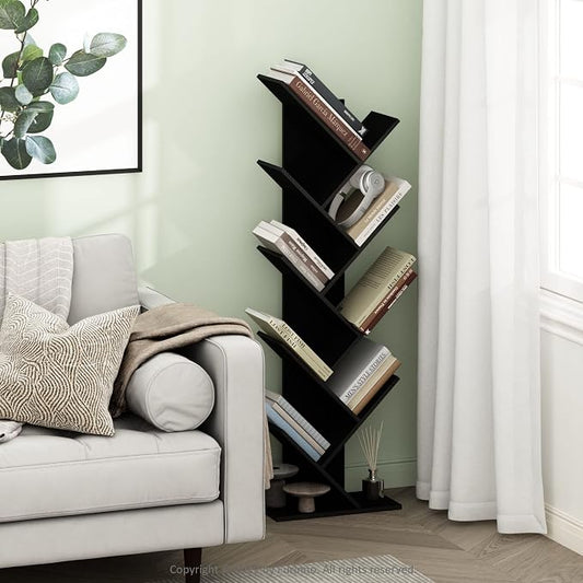 Furinno TREE Book Shelf, 9-Tier Bookshelf, Tree Bookcase with Angled Open Shelf, 8.4 x 15.7 x 50.9, Corner Shelf for Room Decor, for Living Room, Bedroom, Home Office, Espresso