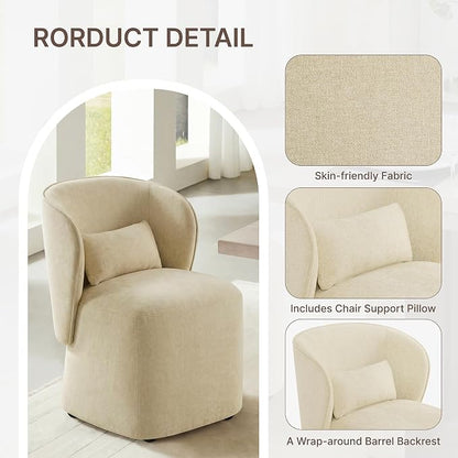 KISLOT Upholstered Dining Chairs with Wheels, Easy Assembly Stain Resistant Fabric Modern Barrel Armchair with Lumbar Cushion, Dining Room Chairs for Kitchen Living Room Bedroom, Sand, Set of 2