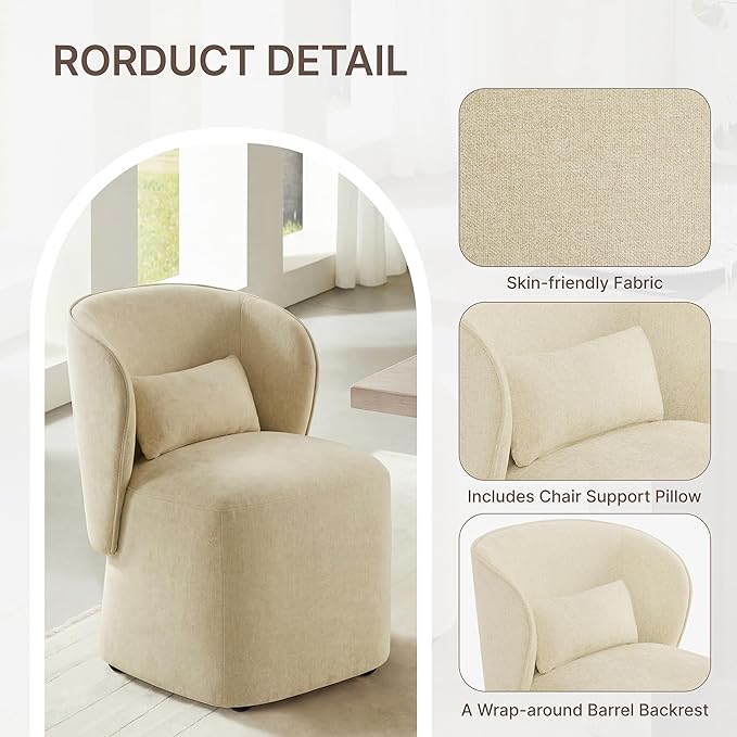 KISLOT Upholstered Dining Chairs with Wheels, Easy Assembly Stain Resistant Fabric Modern Barrel Armchair with Lumbar Cushion, Dining Room Chairs for Kitchen Living Room Bedroom, Sand, Set of 1