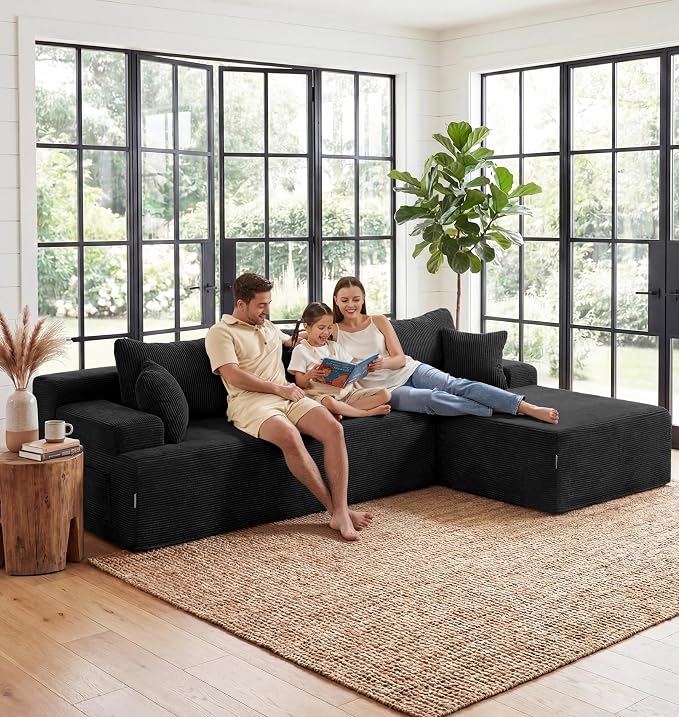 Hobestluk Modular Sectional Sofa Couches L-Shape Couch 3 Seat Modular Sofa Memory Foam Sectional Couches for Living Room, Cloud Couch with Oversized Chaise (Black Corduroy, 96", Right Hand Facing)