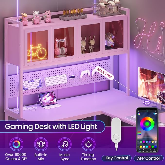 SEDETA L Shaped Gaming Desk with Drawers, L Shaped Computer Desk with Hutch and Storage Shelves, Gaming Desk with Pegboard, Led Lights, and Power Outlet, Home Office Desk, Corner Desk, Pink