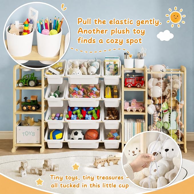 Toy Storage Organizer 4-in-1 Stuffed Animal Storage with 2 Bookshelf and 12 Plastic Bins - Toys Organizer for Kids Room - Wooden Toy Rack for Playroom, Bedroom, Nursery Decor
