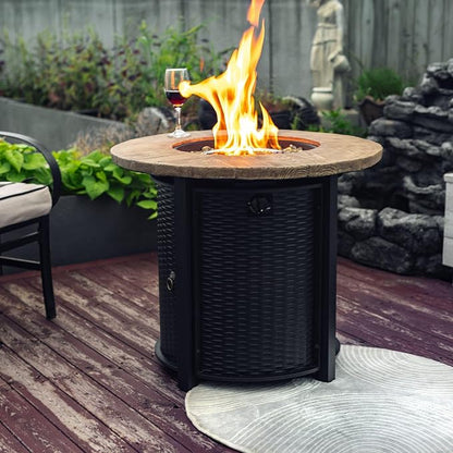 GDFStudio 30" Round Propane Fire Pit Table, 50000 BTU Outdoor Gas Heater with Faux Wood Grain Top & Glass Beads, for Patio Deck Garden Backyard, Black