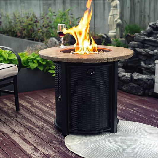 GDFStudio 30" Round Propane Fire Pit Table, 50000 BTU Outdoor Gas Heater with Faux Wood Grain Top & Glass Beads, for Patio Deck Garden Backyard, Black