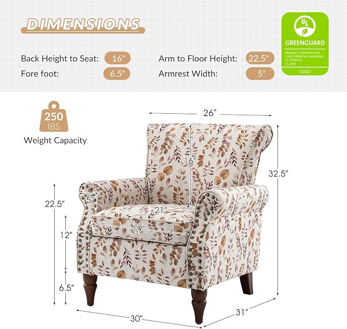 HULALA HOME Modern Wingback Accent Chair with Wood Legs & Removable Cushion, Comfy Upholstered Armchair with Nailhead Trim, Floral Pattern Single Sofa Chair for Living Room Bedroom, Yellow