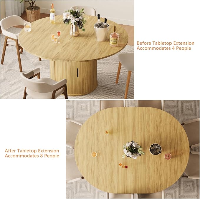 Dining Table for 4-6,59“Extendable Round Dining Room Kitchen Table with Storage,Round Table for Living Room,Fluted Wood Table with Slide Door,Expandable Oval Dinner Furniture with Pedestal Base,Oak