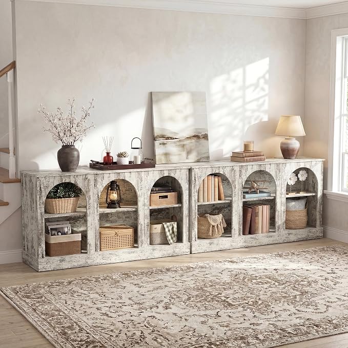 Tribesigns Farmhouse Console Table Set of 2, Extra Long Entryway Table with 3 Tier Storage, Wooden Rectangular Sofa Table Behind The Couch for Entrance, Hallway, Living Room, Distressed White