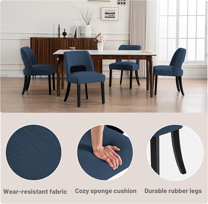 VKNOW Wooden Dining Chairs Set of 6, Modern Fabric Upholstered Dining Room Chair Kitchen Chairs, Farmhouse Dinner Chair for Kitchen Dining Room, Blue-Black Legs
