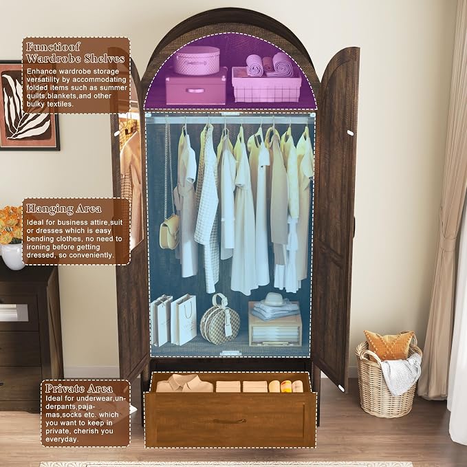 Squireewo 2 Doors Armoire Wardrobe Closet with Doors and Drawers, 71" Farmhouse Arched Wooden Wardrobe Cabinet with Mirror and Lights, Large Armoire Storage Cabinet with Shelves & Hanging Rod,Brown