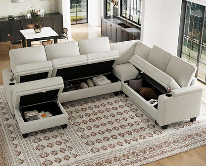 Belffin Chenille Modular Sectional Sofa Convertible L Shaped Corner Couches for Living Room with Storage Armrest with Cup Holder White Couch