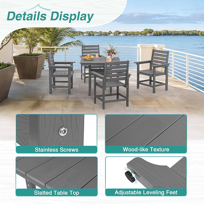 5 Piece Patio Dining Set, 35" Square HDPS Weather Resistant Outdoor Table & 4 Patio Chairs Set with 1.96" Umbrella Hole, Heavy Duty for Small Space Backyard Balcony, Grey