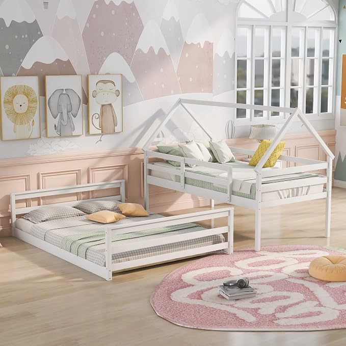 Merax House Floor Bunk Bed with Ladder Twin Over Full,Wood Low Bunk Bed with Full-Length Gardrail, Space-Saving,No Box Spring Needed White