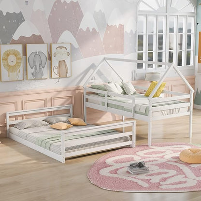 Merax House Floor Bunk Bed with Ladder Twin Over Full,Wood Low Bunk Bed with Full-Length Gardrail, Space-Saving,No Box Spring Needed White