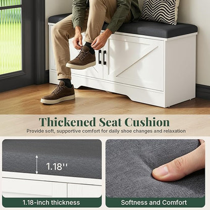 DUMOS 39 Inch Storage Bench, Shoe Organizer Cabinet with Thickened Padded Seat Cushion, Entryway Bench with 2 Doors & Adjustable Shelf for Hallway, Bedroom, Living Room, White