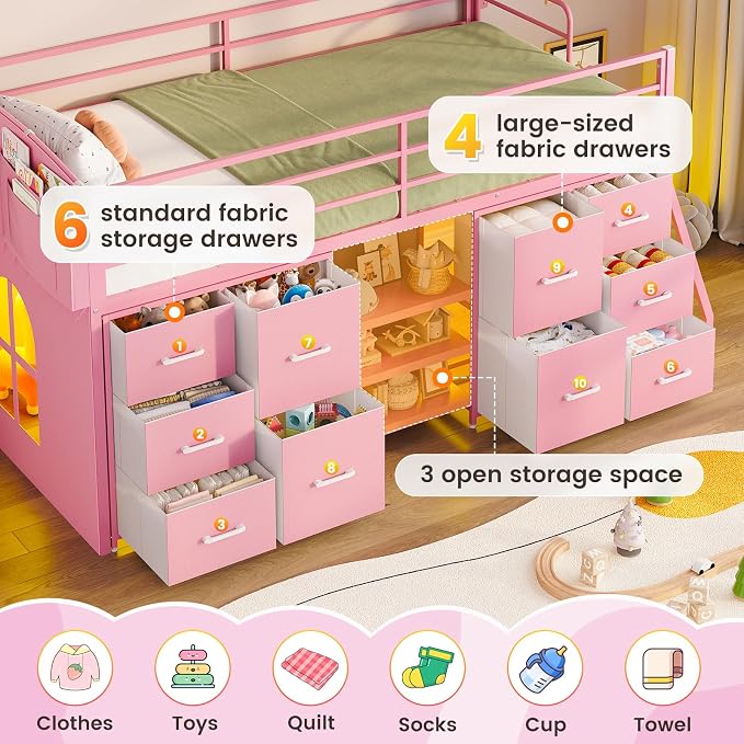 ELYKEN Low Loft Bed Twin Size with 10 Storage Drawers, Twin Loft Bed Frames for Kids with Safety Guardrail,Metal Kids Loft Bed with LED Lights,Inclined Ladder,Spave Saving,Pink