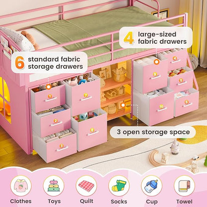 ELYKEN Low Loft Bed Twin Size with 10 Storage Drawers, Twin Loft Bed Frames for Kids with Safety Guardrail,Metal Kids Loft Bed with LED Lights,Inclined Ladder,Spave Saving,Pink