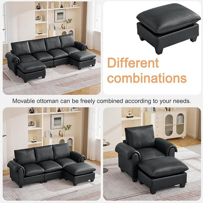 96" Faux Leather Modular Sectional Sofa with Movable Ottoman, Oversized 3 Seater Couch with Curved Armrests, Cloud Modern L-Shaped Sofa Deep Seat for Living Room, Black
