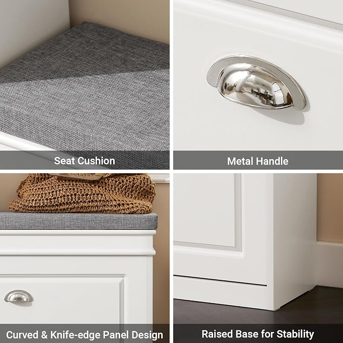 SoBuy Small Shoe Storage Bench, Narrow Shoe Cabinet for Entryway, Shoe Rack with Cushion&2 Tiers Flip-Drawer, Closet Hallway Mudroom White FSR82-L-W | Narrow shoe storage cabinet with 2-tier rack & 2 adjustable height shelves for small spaces, white, 7...