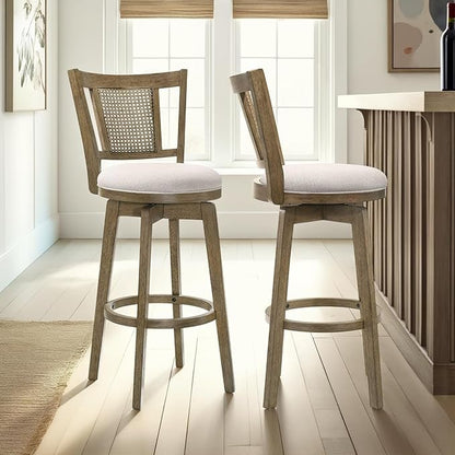 Armen Living Isla 30 in. Putty Brown Bar Height Rubberwood Swivel Barstool with Cream Fabric Seat - Set of 2