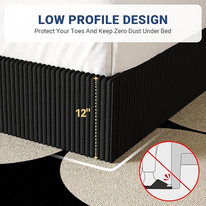 Allewie King Bed Frame, Upholstered Platform Bed, Adjustable Vertical Channel Tufted Headboard, Corduroy Fabric, Modern Low Profile, Wooden Slats, No Box Spring Needed, Easy Assembly, Black