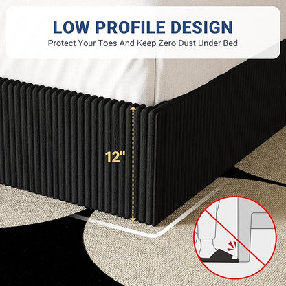 Allewie Full Bed Frame, Upholstered Platform Bed, Adjustable Vertical Channel Tufted Headboard, Corduroy Fabric, Modern Low Profile, Wooden Slats, No Box Spring Needed, Easy Assembly, Black