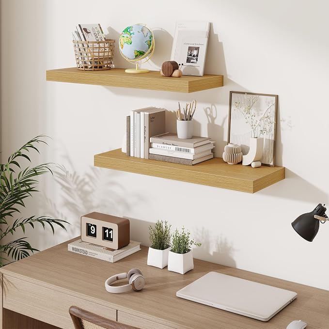 Fun Memories Floating Shelves for Wall, 30 Inch Long Floating Shelves Set of 2, 30 x 10 Wooden Shelves for Wall, Large Storage Shelves, Hanging Shelves for Bathroom Kitchen Bedroom, Oak