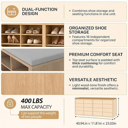 Shoe Rack Bench, Shoe Storage Bench with Cushion, Shoe Organizer 16 Cubbies for Entryway Hallway Bedroom Living Room, Holds Up to 400lbs