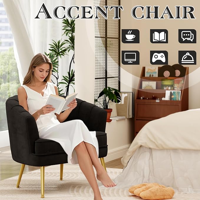 Andeworld Velvet Accent Chair Set of 2, Upholstered Modern Single Sofa Side Chair,Comfy Barrel Club Living Room Armchair with Golden Metal Legs for Bedroom Living Reading Room Office, Black