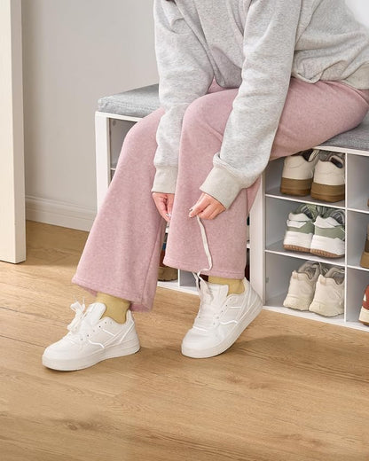Hzuaneri Shoe Bench with Cushion, Entryway Storage Bench with 12 Cubbies, Cubby Shoe Rack with Adjustable Shelves, Shoe Organizer Cabinet for Living Room, Bedroom, Entryway, White SB19003GY