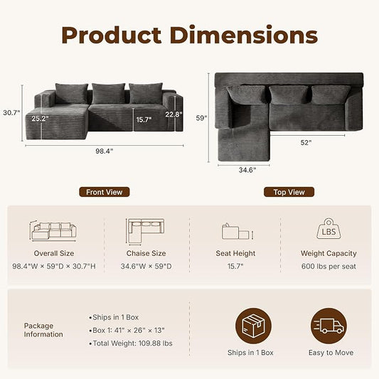 Modular Sectional L-Shaped Sofa with Deep Seat, Modern Boneless Comfy Corduroy Fluffy Couch with Side Pockets and Anti-Slip & Floor-Friendly Bottom for Living Room, No Assembly, Dark Grey
