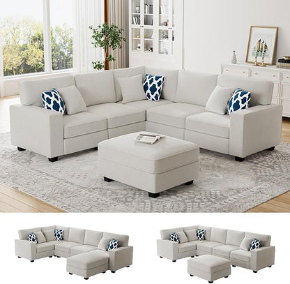 Legend Vansen Oversized Modular Sectional Sofa,U/L‑Shaped Reversible Couch with Ottoman,Deep Seat Plush Polyester Sofa for Living Room,6‑Seater,Cream